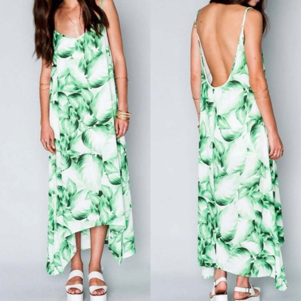 Show Me Your MuMu Hey You Back Midi Maxi Dress Green Tropical Palm Leaf Small